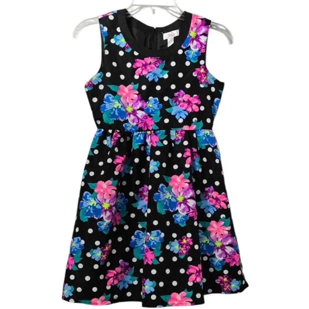 Justice Girls Floral Polka Dot Dress 12 Black Twirl Party Sundress Trendy Tween